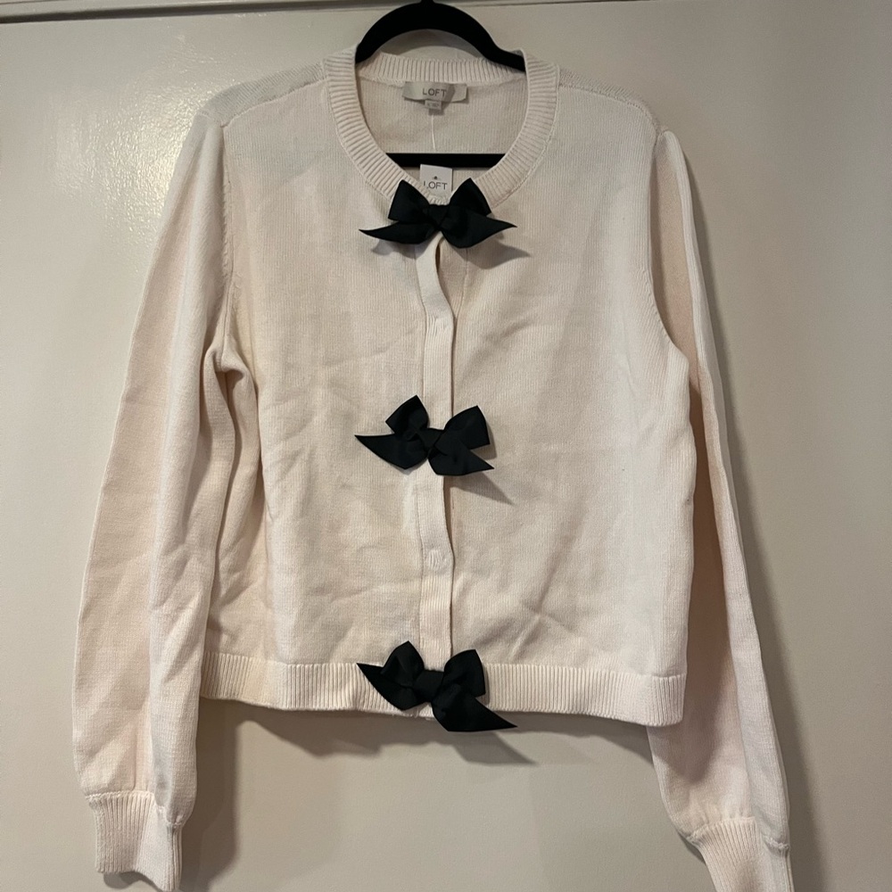 LOFT Cream and Black Cardigan with Bow Details